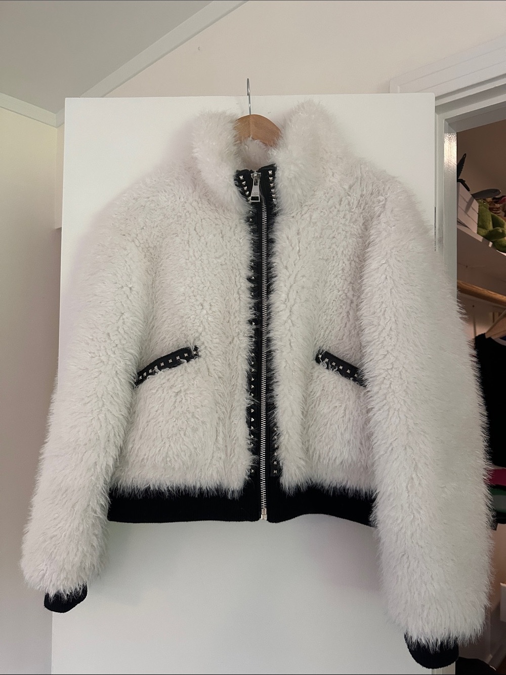 Karl Lagerfeld White Faux Shearling Bomber with Black Trim